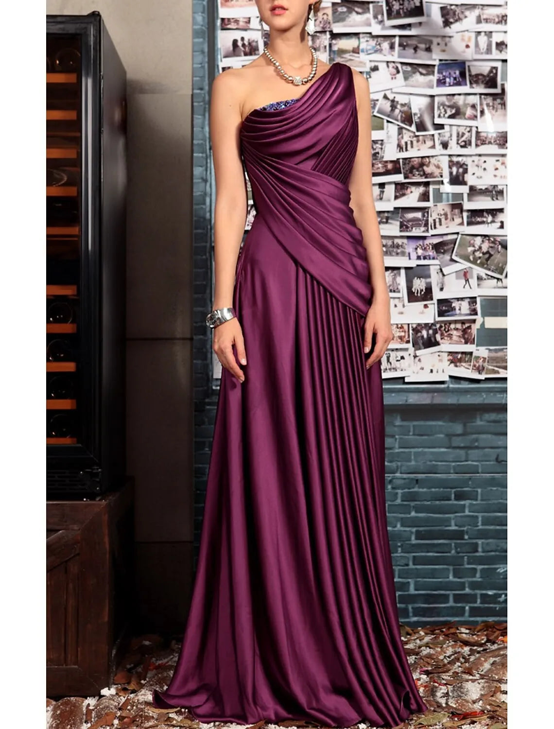 Glamorous A-Line One Shoulder Pleated Beaded Plum Floor Length Prom Dress