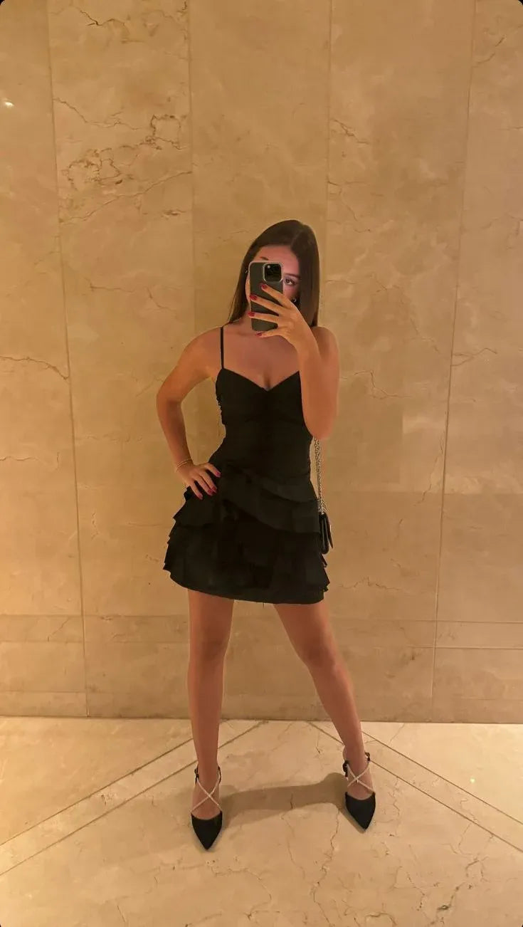 Glamorous A-Line Spaghetti Ruffled Black Mini Homecoming Dress Ready To Ship