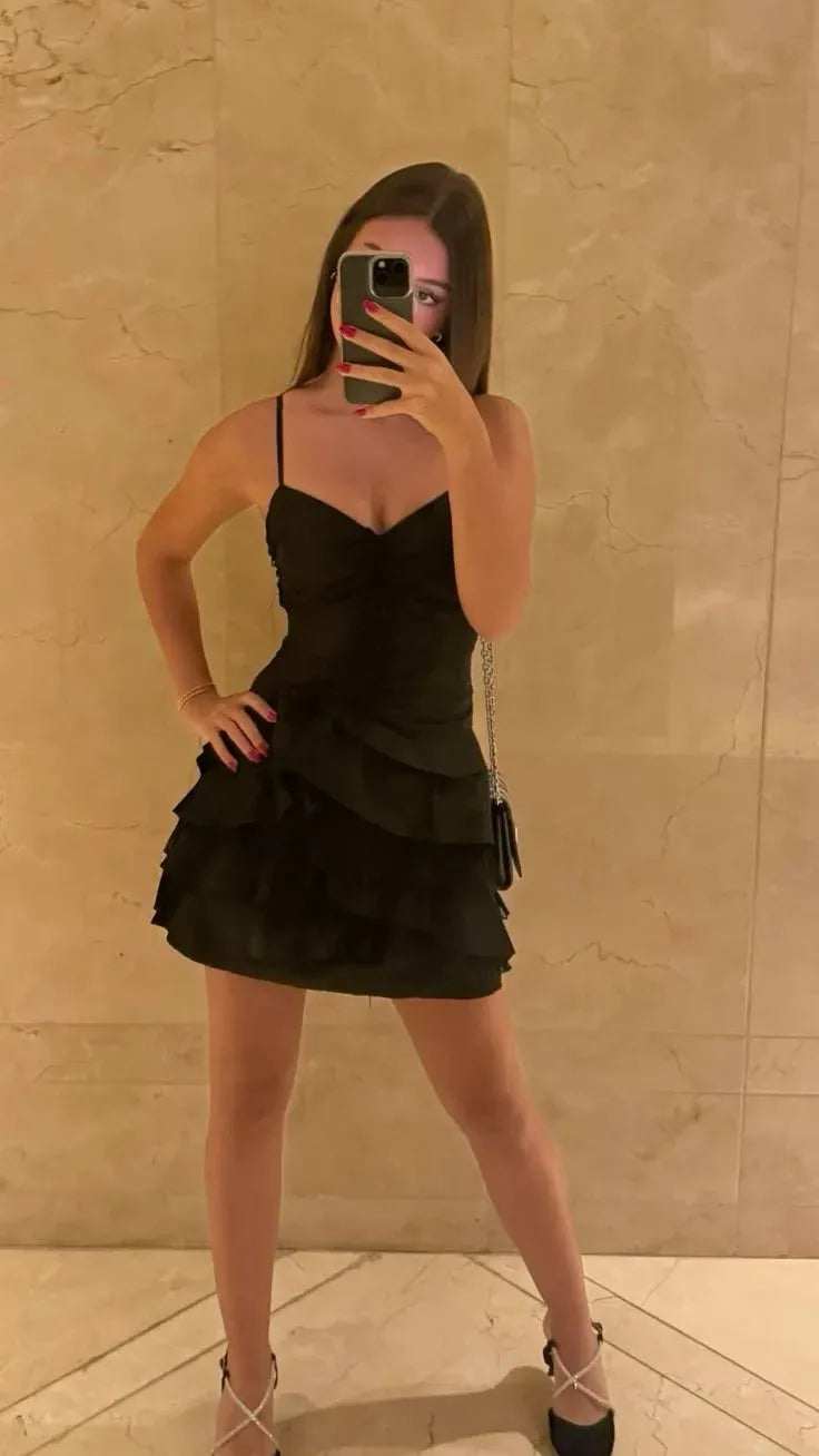 Glamorous A-Line Spaghetti Ruffled Black Mini Homecoming Dress Ready To Ship