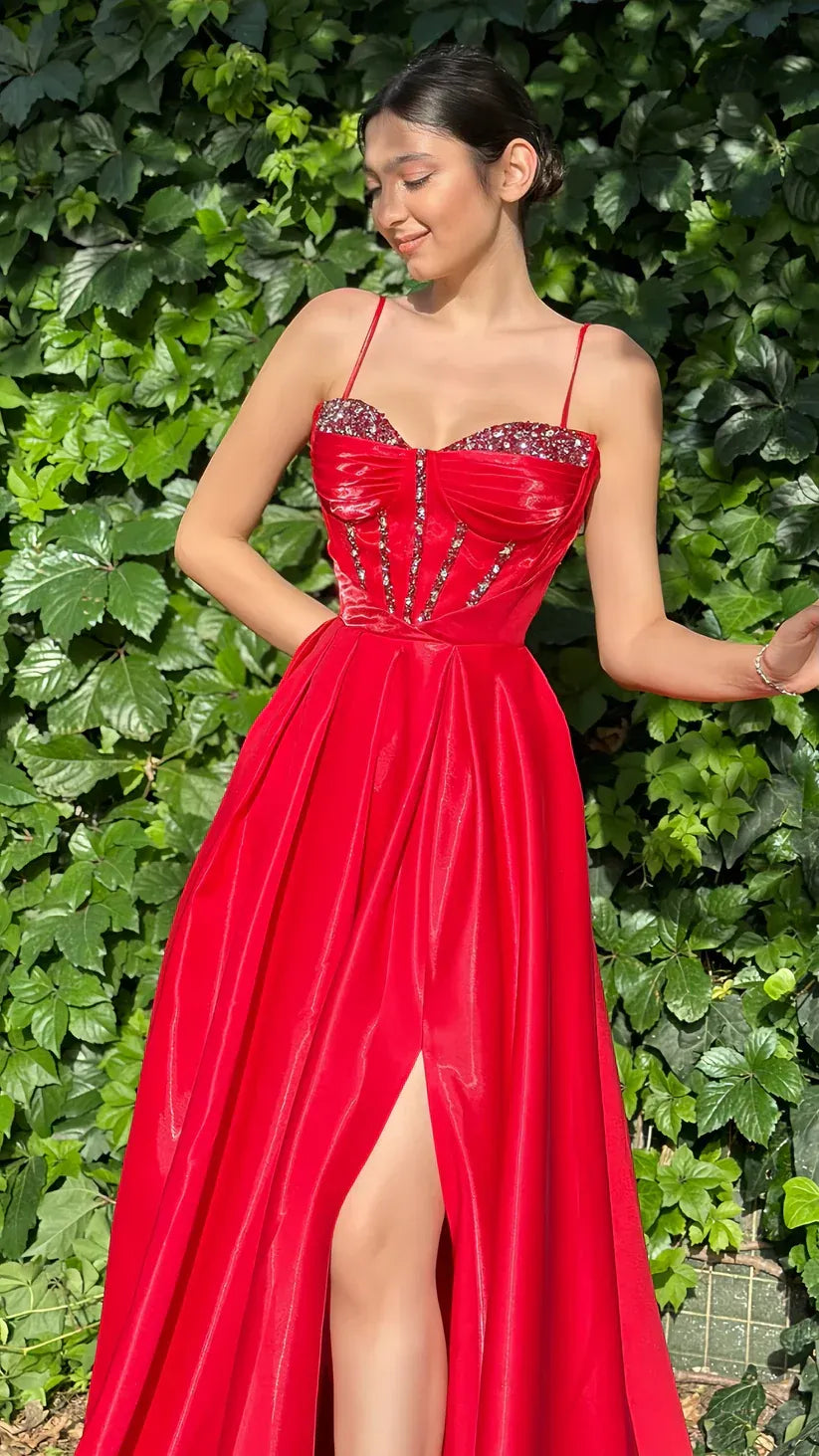 Glamorous A-Line Spaghetti Strap Beaded Red Floor-Length Prom Dress For Women