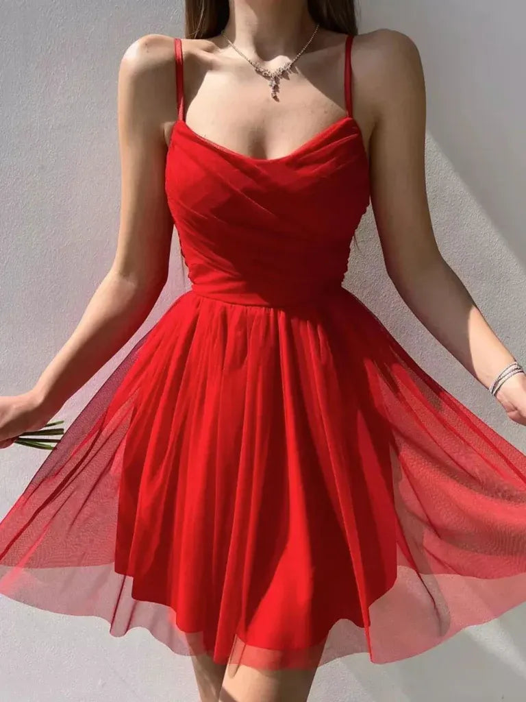 Glamorous A-Line Spaghetti Straps Ruched Tulle Red Short Prom Dress For Sale