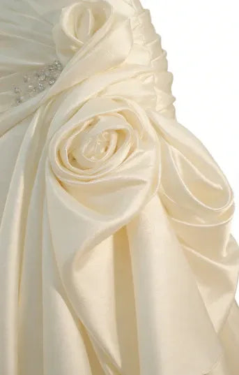 Glamorous A-Line Strapless Beaded 3D Floral Ruched Ivory Wedding Dress With Train