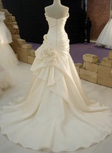 Glamorous A-Line Strapless Beaded 3D Floral Ruched Ivory Wedding Dress With Train