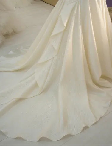 Glamorous A-Line Strapless Beaded 3D Floral Ruched Ivory Wedding Dress With Train