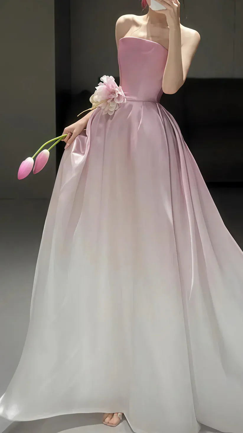 Glamorous A-Line Strapless Floral Ombre Pink-White Floor-Length Prom Dress For Women