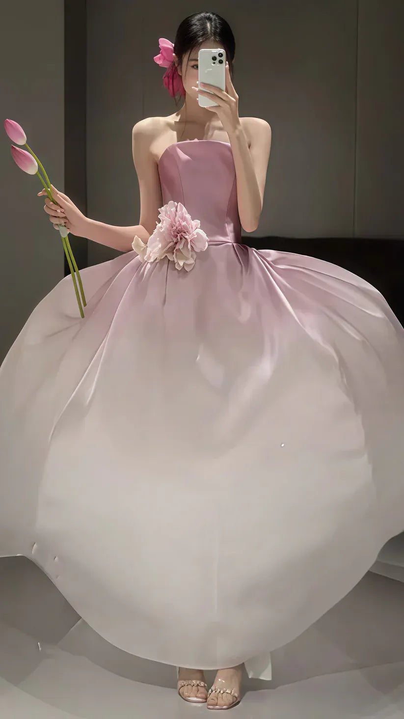 Glamorous A-Line Strapless Floral Ombre Pink-White Floor-Length Prom Dress For Women