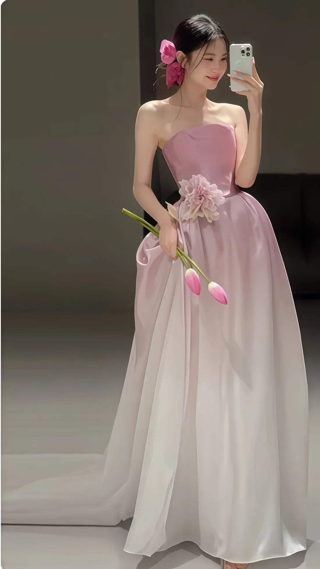 Glamorous A-Line Strapless Floral Ombre Pink-White Floor-Length Prom Dress For Women