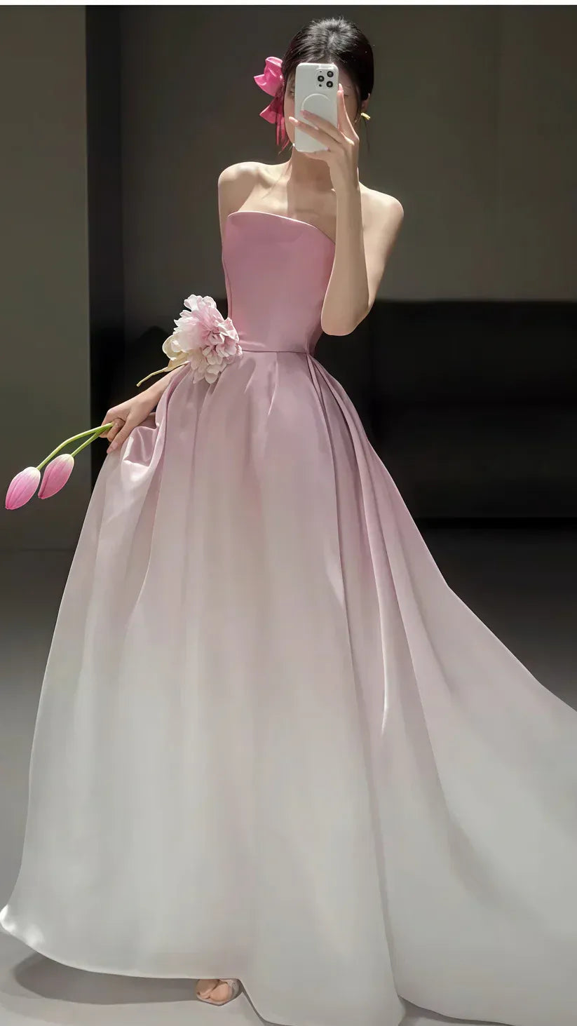 Glamorous A-Line Strapless Floral Ombre Pink-White Floor-Length Prom Dress For Women