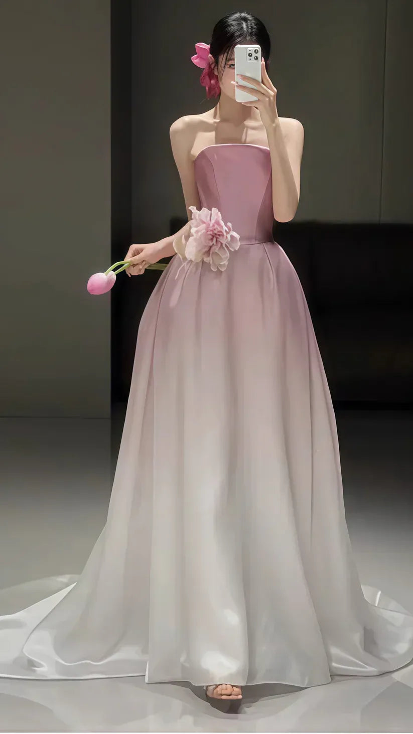 Glamorous A-Line Strapless Floral Ombre Pink-White Floor-Length Prom Dress For Women