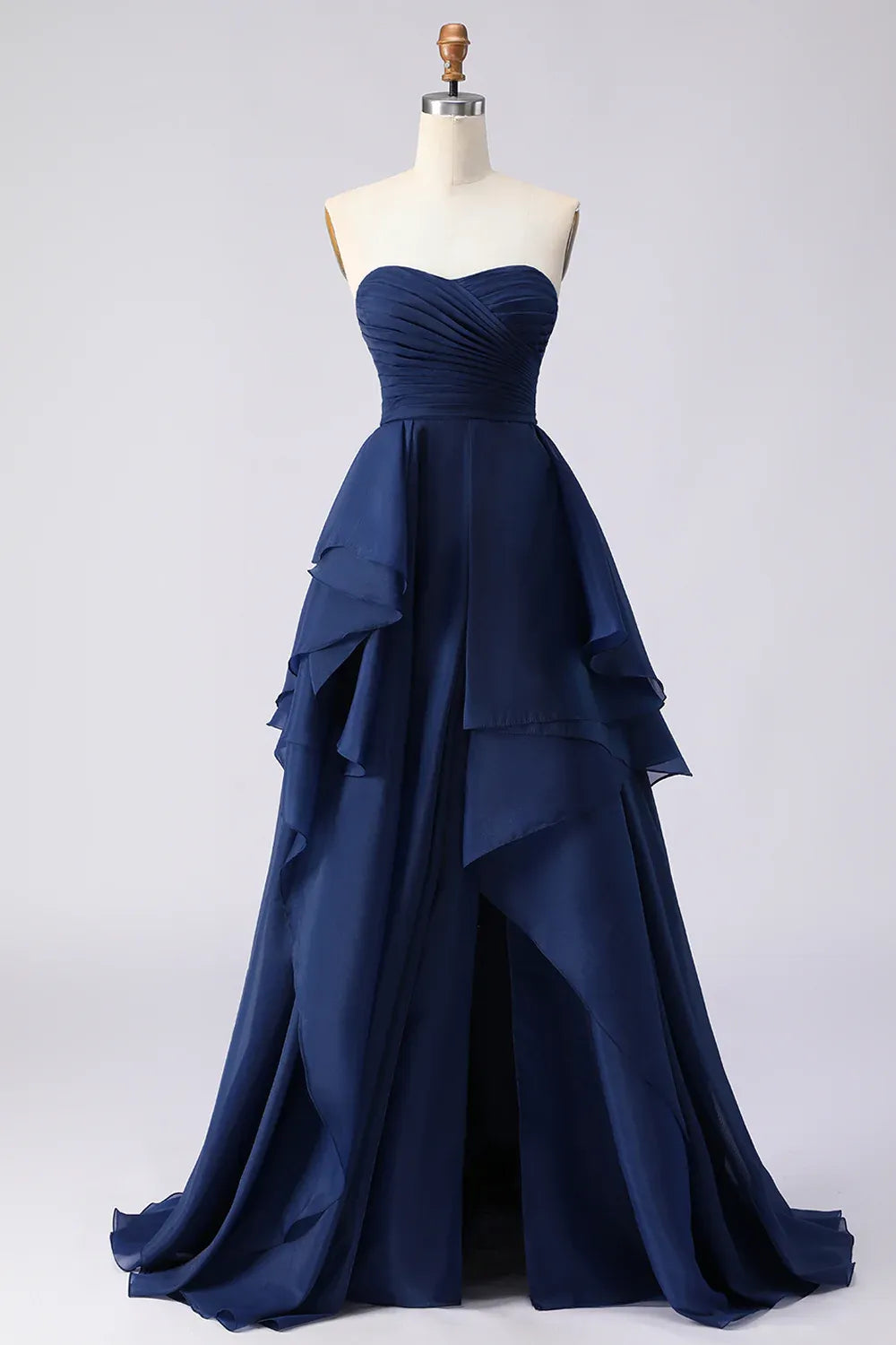 Glamorous A-Line Strapless Ruched Ruffled Navy Long Prom Dress For Sale