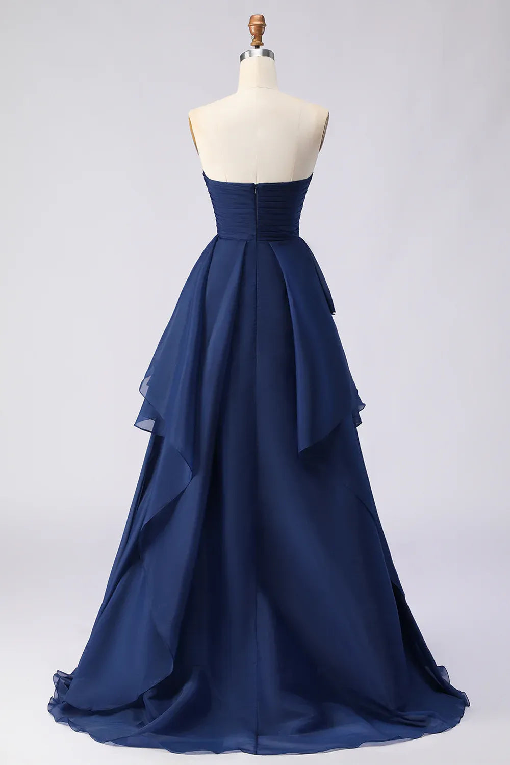 Glamorous A-Line Strapless Ruched Ruffled Navy Long Prom Dress For Sale