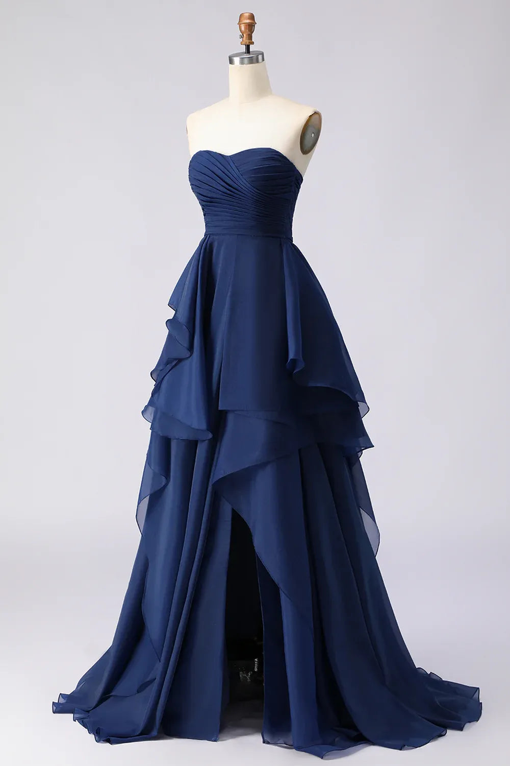 Glamorous A-Line Strapless Ruched Ruffled Navy Long Prom Dress For Sale