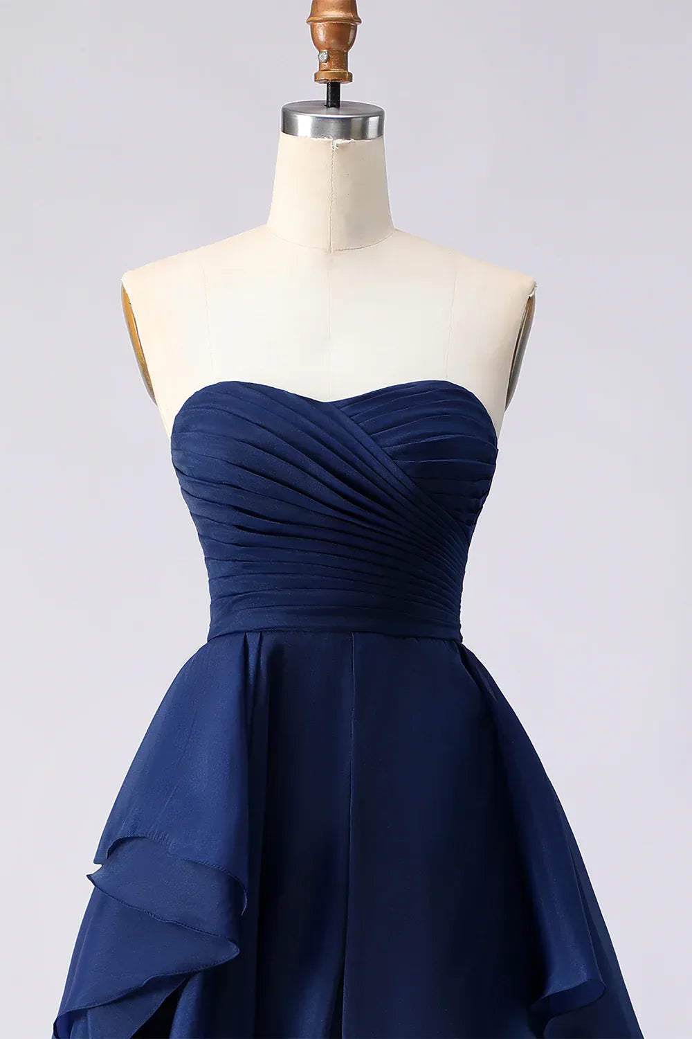 Glamorous A-Line Strapless Ruched Ruffled Navy Long Prom Dress For Sale