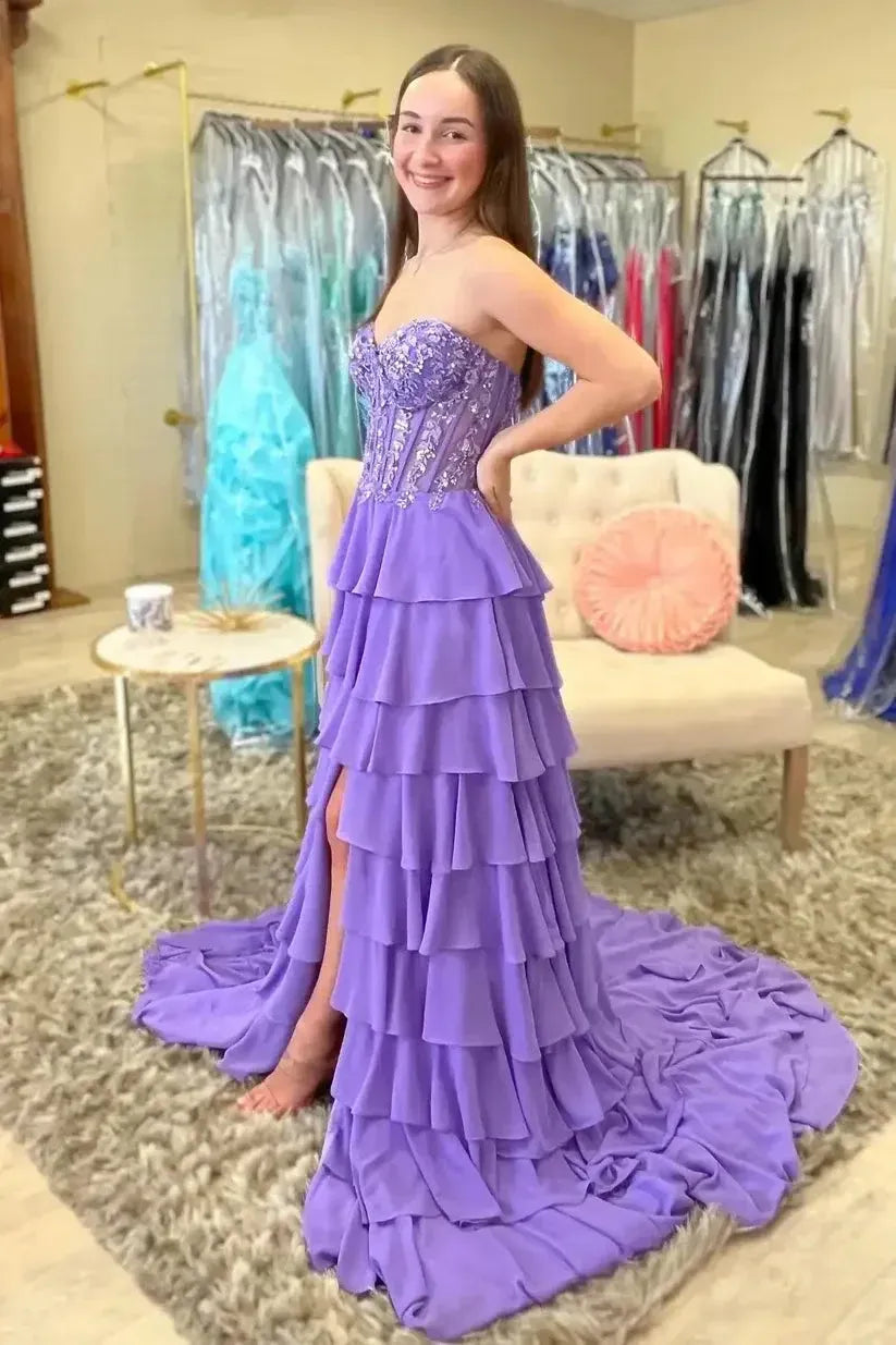 Glamorous A-Line Strapless Tiered Ruffles Purple Floor-Length Prom Dress With Appliques