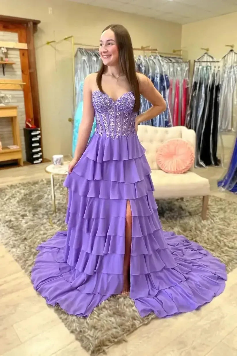 Glamorous A-Line Strapless Tiered Ruffles Purple Floor-Length Prom Dress With Appliques