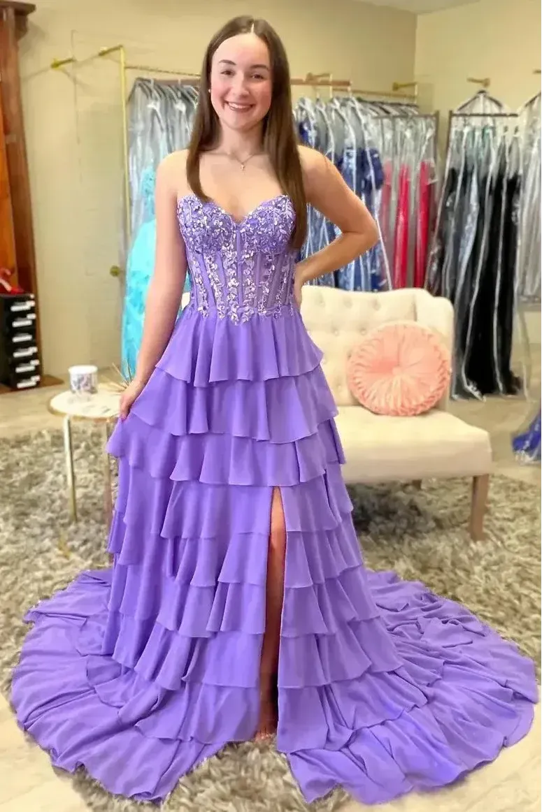 Glamorous A-Line Strapless Tiered Ruffles Purple Floor-Length Prom Dress With Appliques