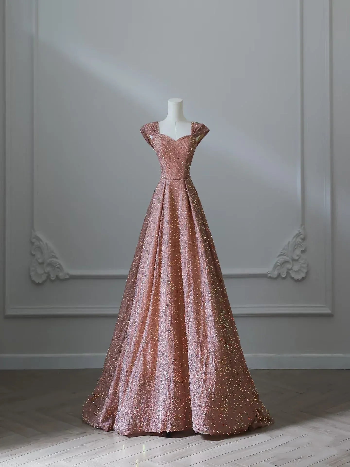 Glamorous A-Line Sweetheart Neck Short-Sleeve Sequin Rose Gold Maxi Prom Dress for Women Ready to Ship
