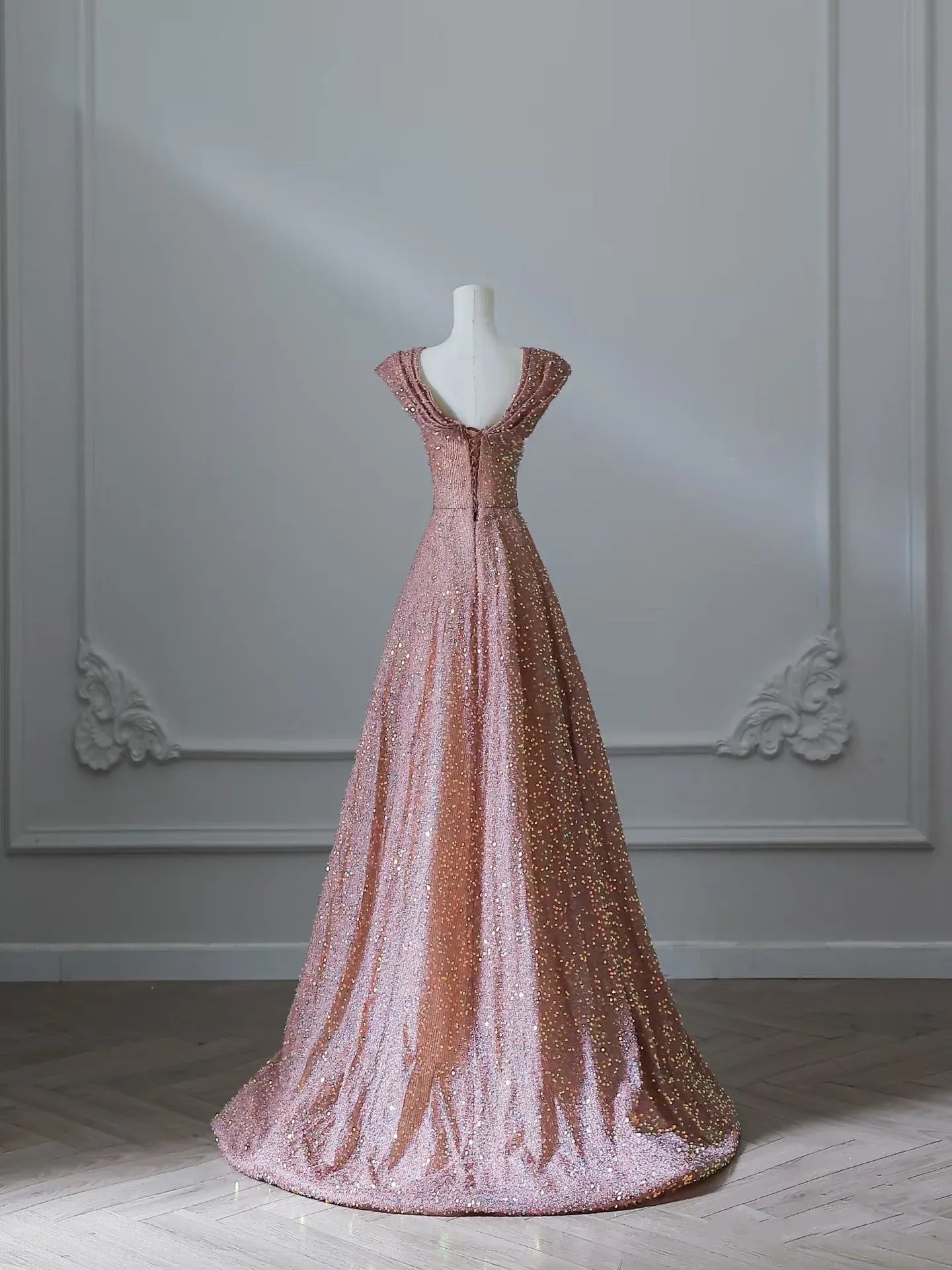 Glamorous A-Line Sweetheart Neck Short-Sleeve Sequin Rose Gold Maxi Prom Dress for Women Ready to Ship