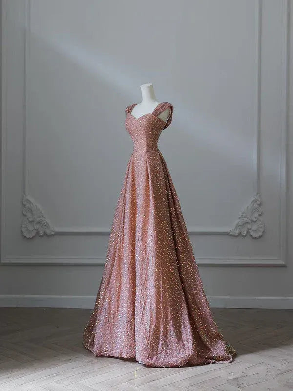 Glamorous A-Line Sweetheart Neck Short-Sleeve Sequin Rose Gold Maxi Prom Dress for Women Ready to Ship
