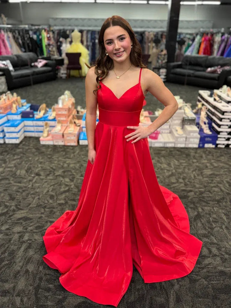 Glamorous A-Line V-Neck Satin Red Floor Length Prom Dress With Slit