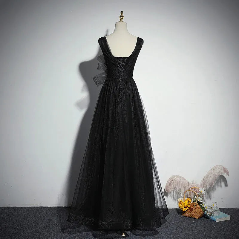 Glamorous A-Line V-Neck Sleeveless Lace-Accent Black Glitter-Tulle Maxi Evening Dress for Women