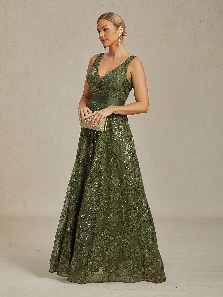 Glamorous A-Line V-Neck Sleeveless Sequin Olive Green Long Mother of the Bride Dresses For Women Hot Sale