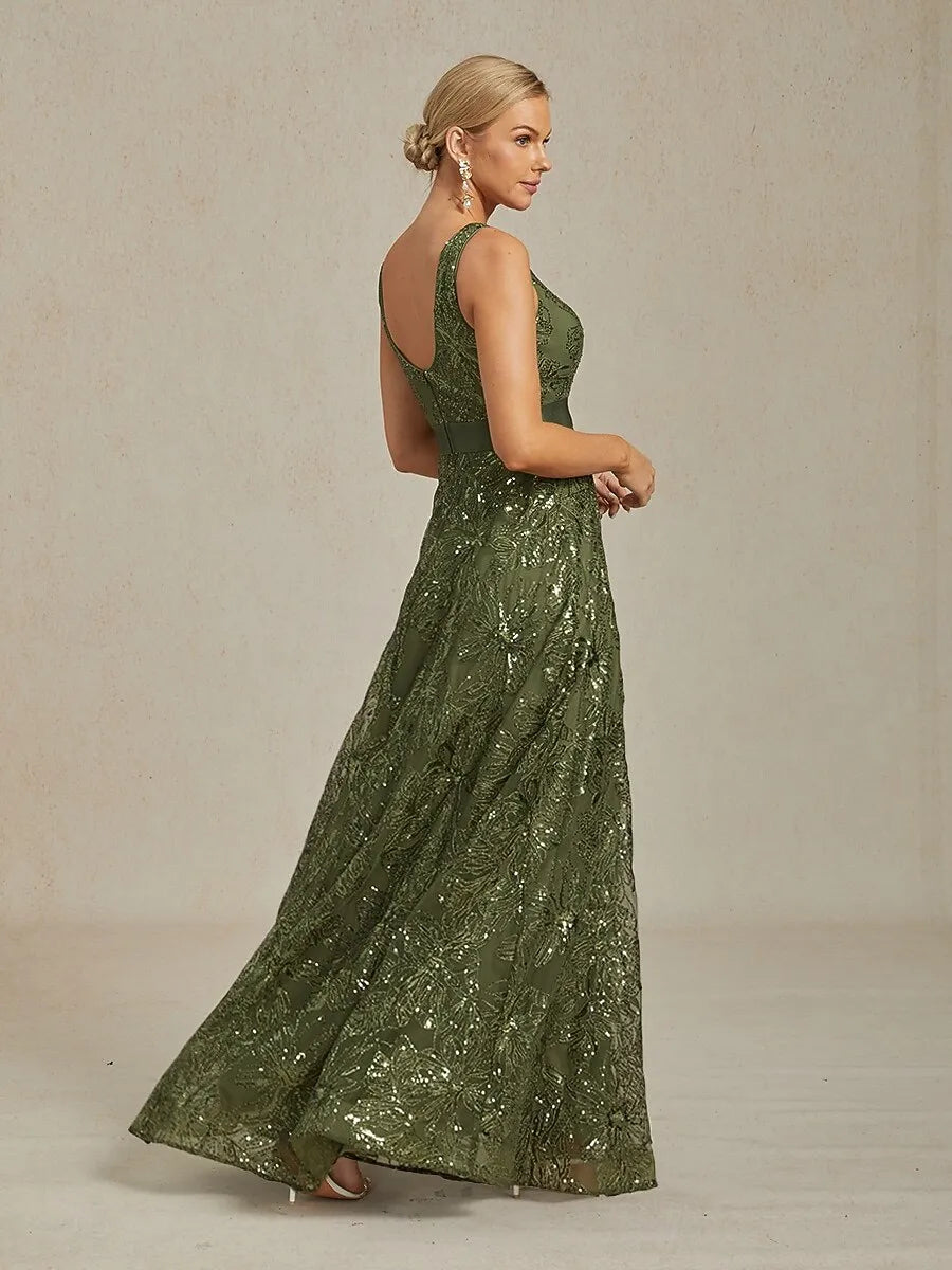 Glamorous A-Line V-Neck Sleeveless Sequin Olive Green Long Mother of the Bride Dresses For Women Hot Sale