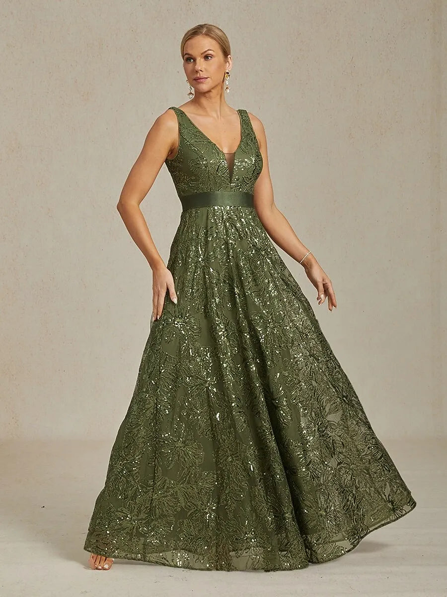 Glamorous A-Line V-Neck Sleeveless Sequin Olive Green Long Mother of the Bride Dresses For Women Hot Sale