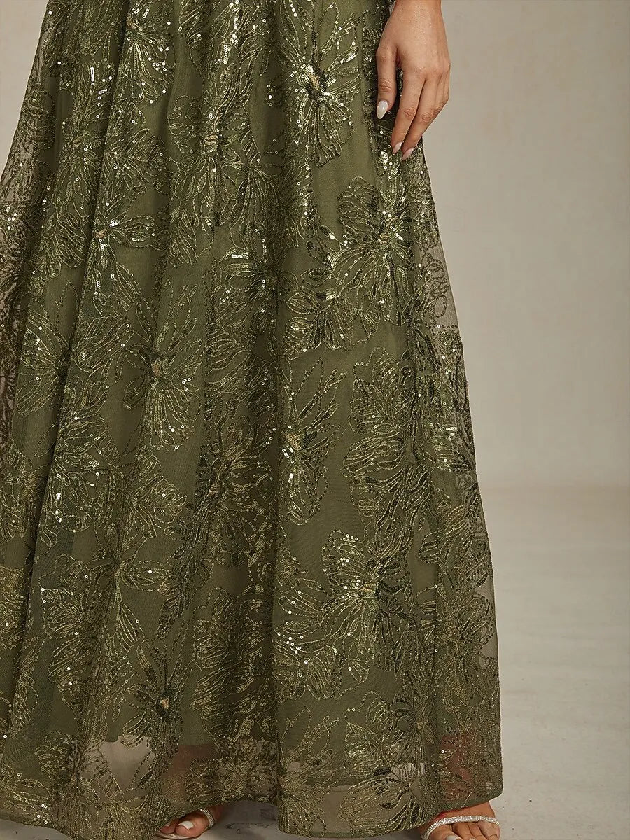 Glamorous A-Line V-Neck Sleeveless Sequin Olive Green Long Mother of the Bride Dresses For Women Hot Sale