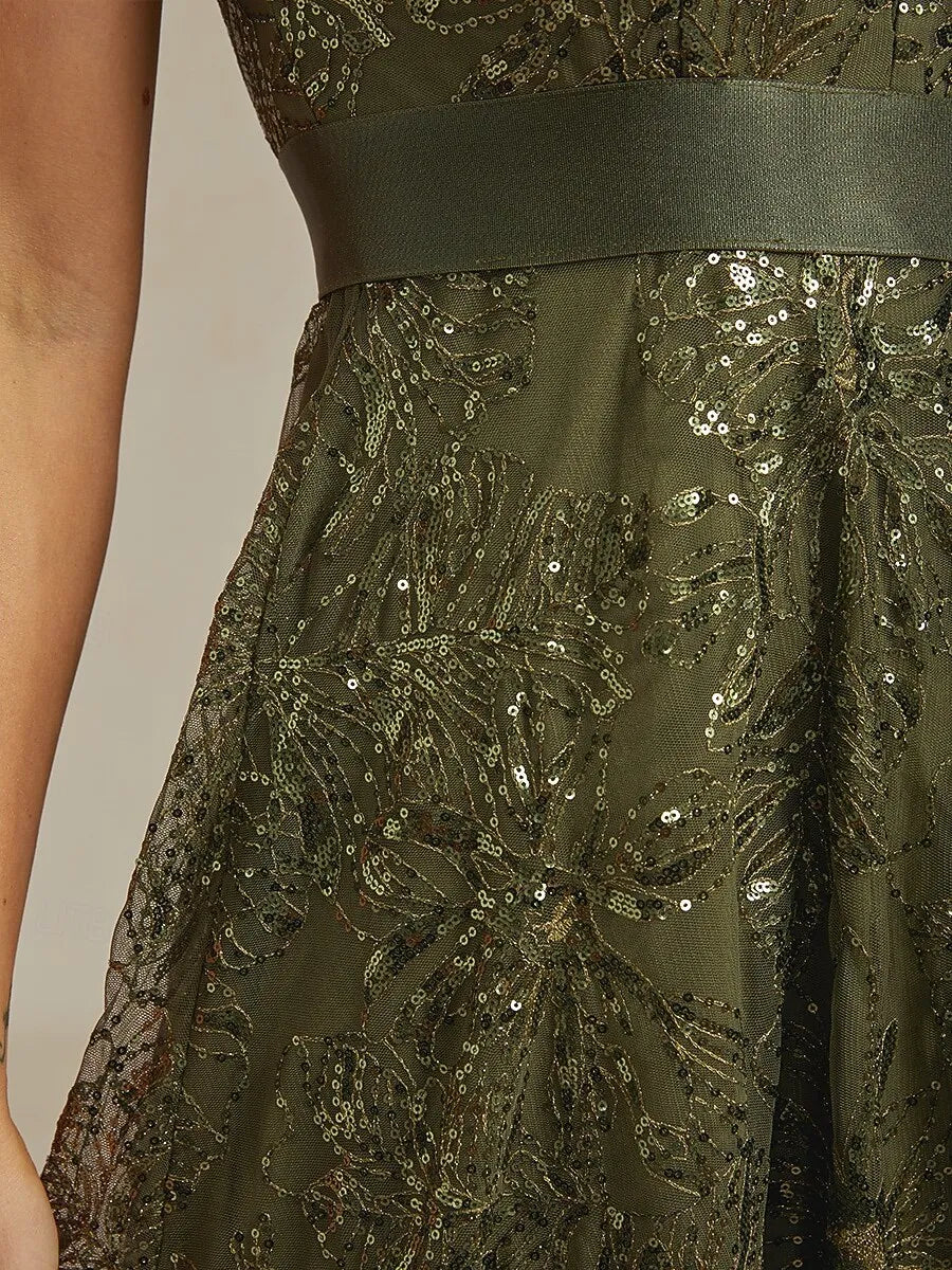 Glamorous A-Line V-Neck Sleeveless Sequin Olive Green Long Mother of the Bride Dresses For Women Hot Sale