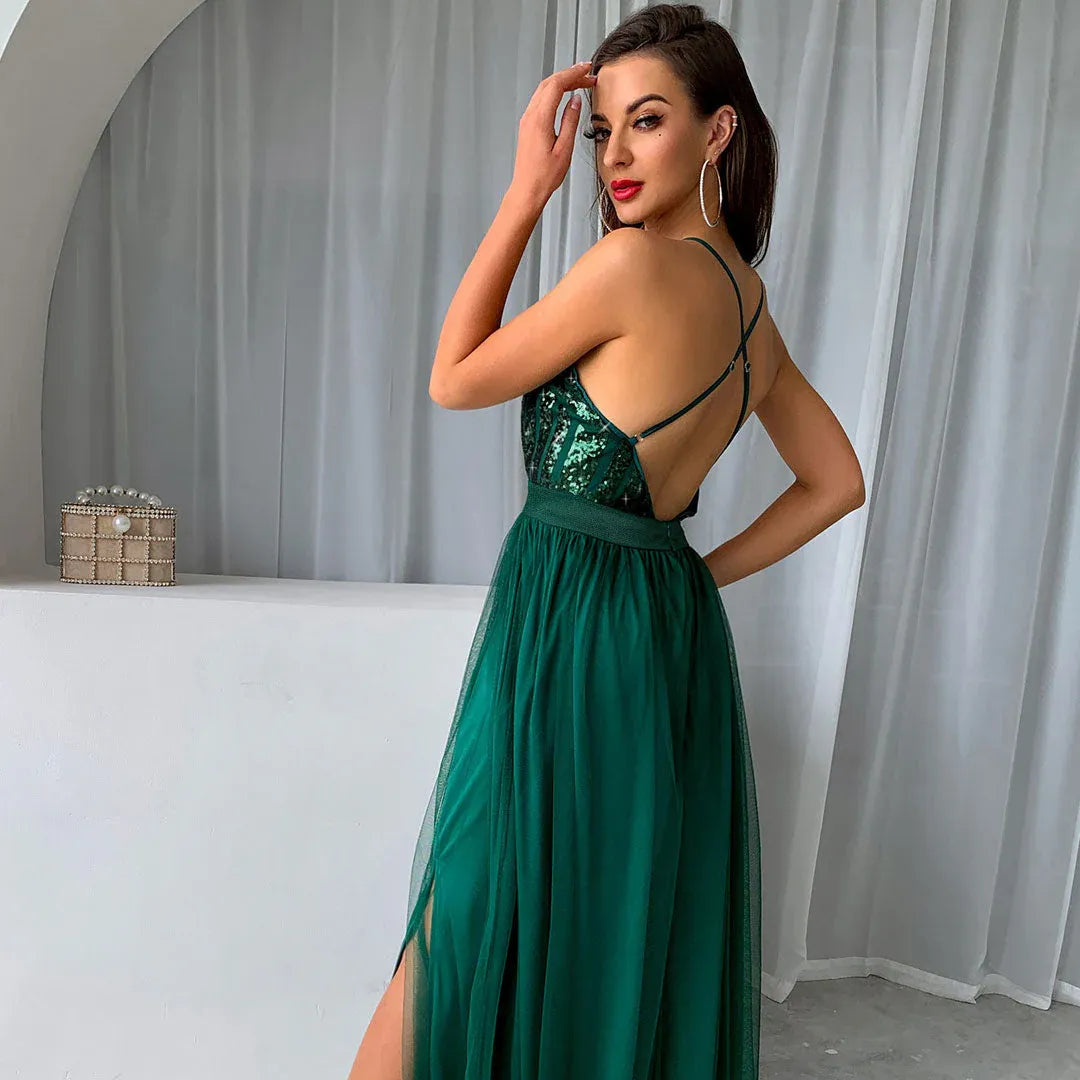 Glamorous A-Line V-Neck Sleeveless Sequin Tulle Emerald Floor-Length Evening Dress for Women