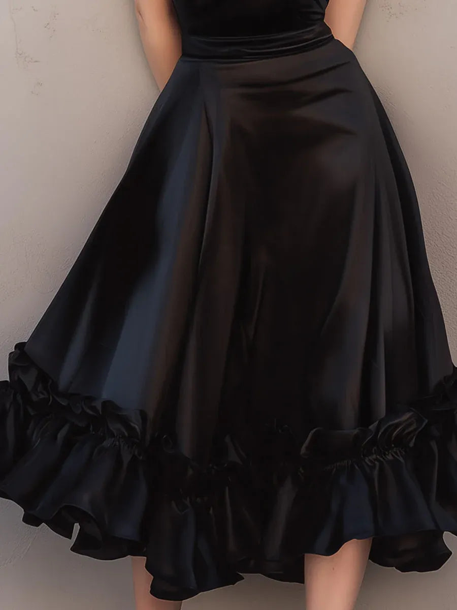 Glamorous A-Line V-Neck Spaghetti Strap Ruffled Black Midi Prom Dresses