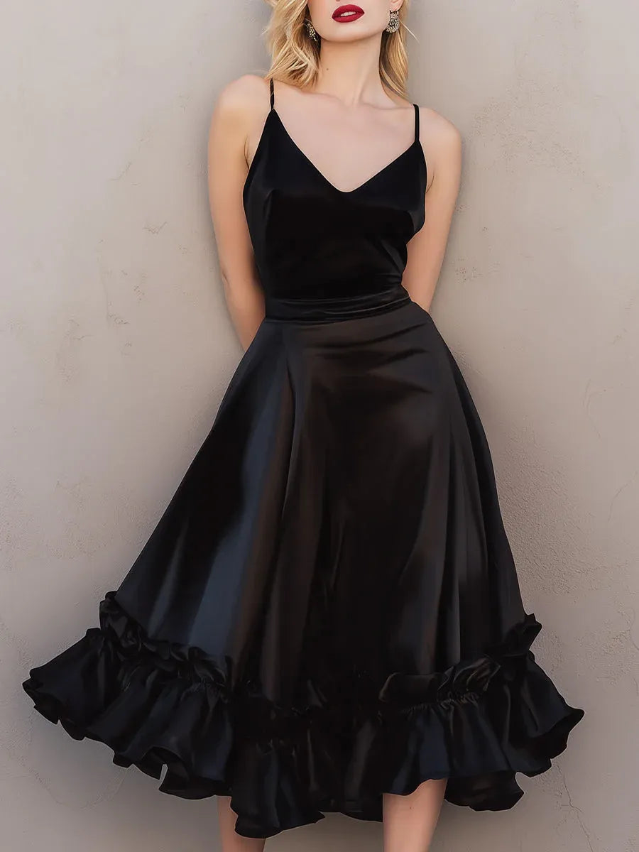 Glamorous A-Line V-Neck Spaghetti Strap Ruffled Black Midi Prom Dresses