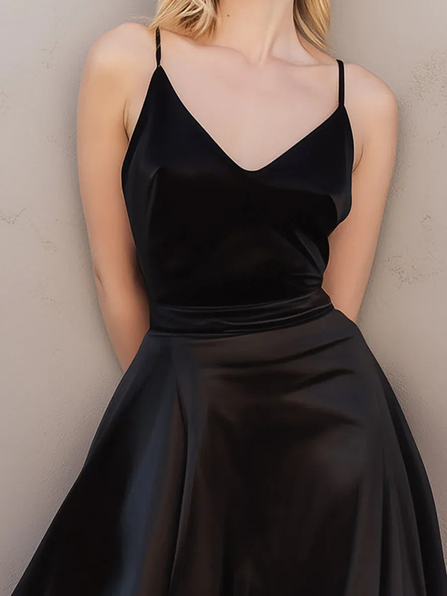Glamorous A-Line V-Neck Spaghetti Strap Ruffled Black Midi Prom Dresses