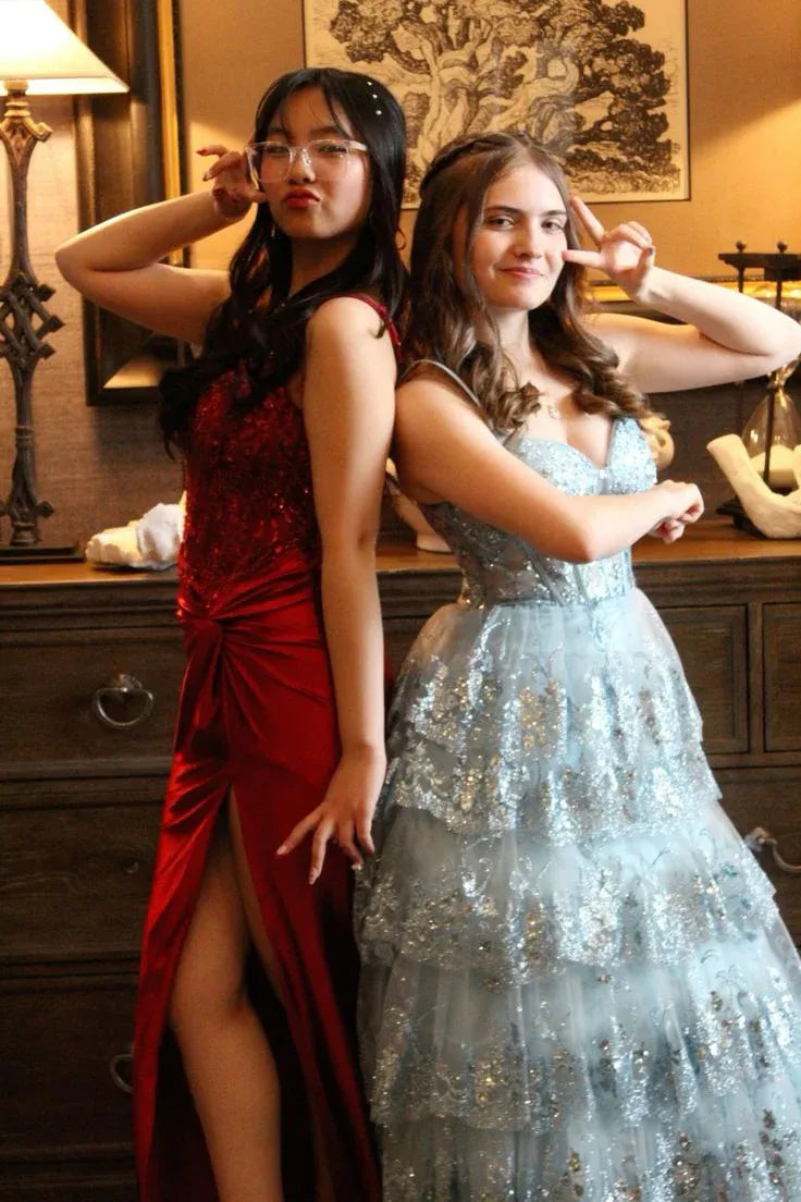 Glamorous A-Line V-Neck Spaghetti Strap Sequined Tiered Ruffled Blue Long Prom Dress