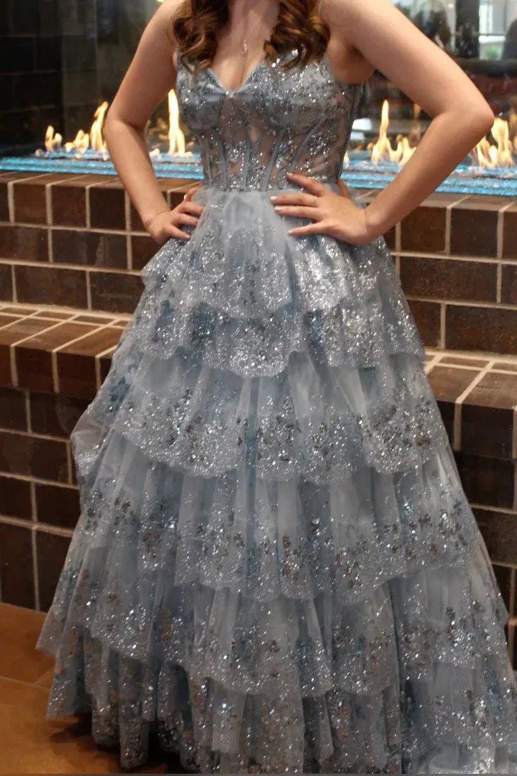 Glamorous A-Line V-Neck Spaghetti Strap Sequined Tiered Ruffled Blue Long Prom Dress