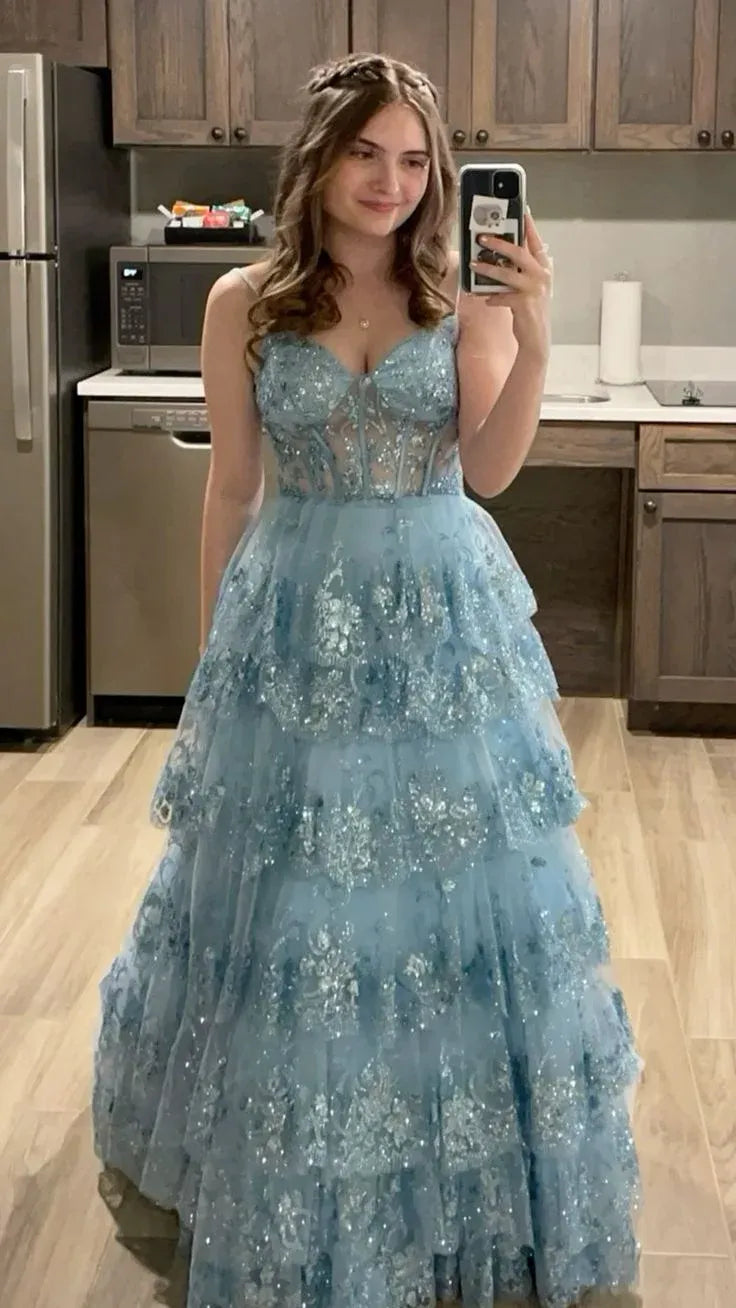 Glamorous A-Line V-Neck Spaghetti Strap Sequined Tiered Ruffled Blue Long Prom Dress