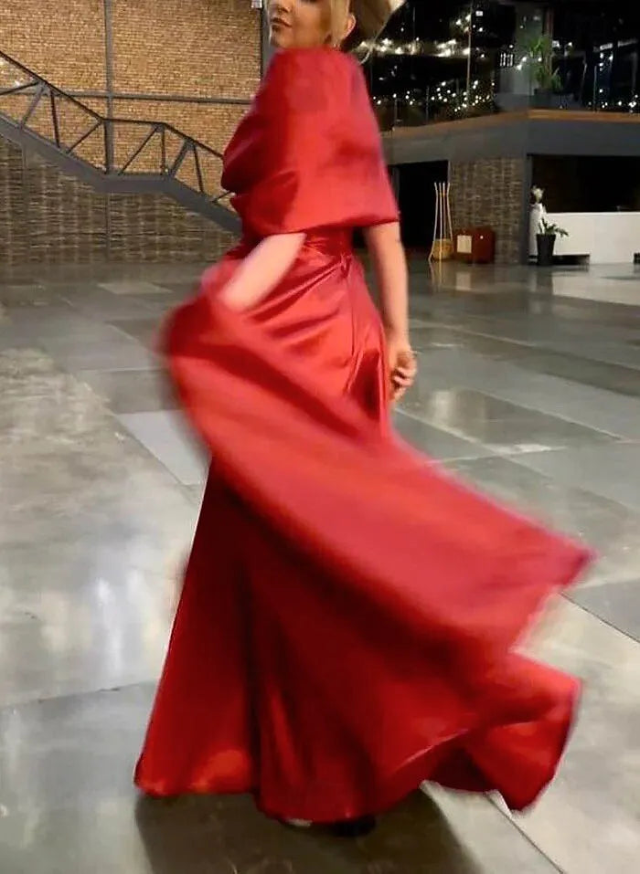 Glamorous A-Line V Neck Short Sleeve Ruched Red Prom Dress With Pocket For Sale