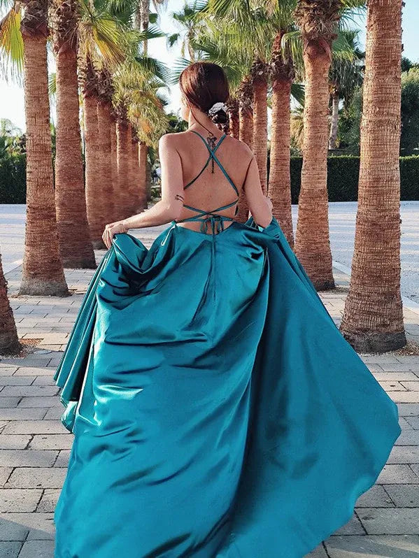 Glamorous A-line Crisscross Back Slit Teal Maxi Prom Dress For Sale