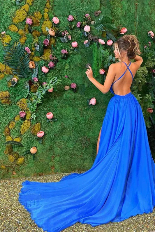 Glamorous A-line Halter Pleated Royal Blue Maxi Prom Dress With Slit For Sale