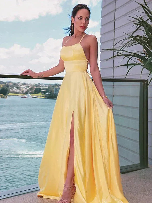 Glamorous A-line Spaghetti Satin Slit Royal Blue Train Prom Dress For Women