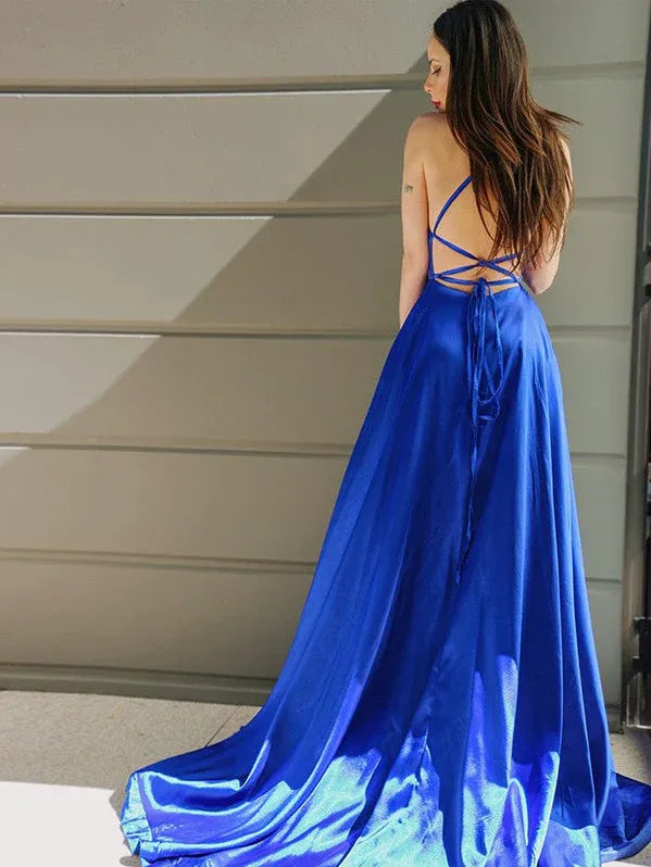 Glamorous A-line Spaghetti Satin Slit Royal Blue Train Prom Dress For Women