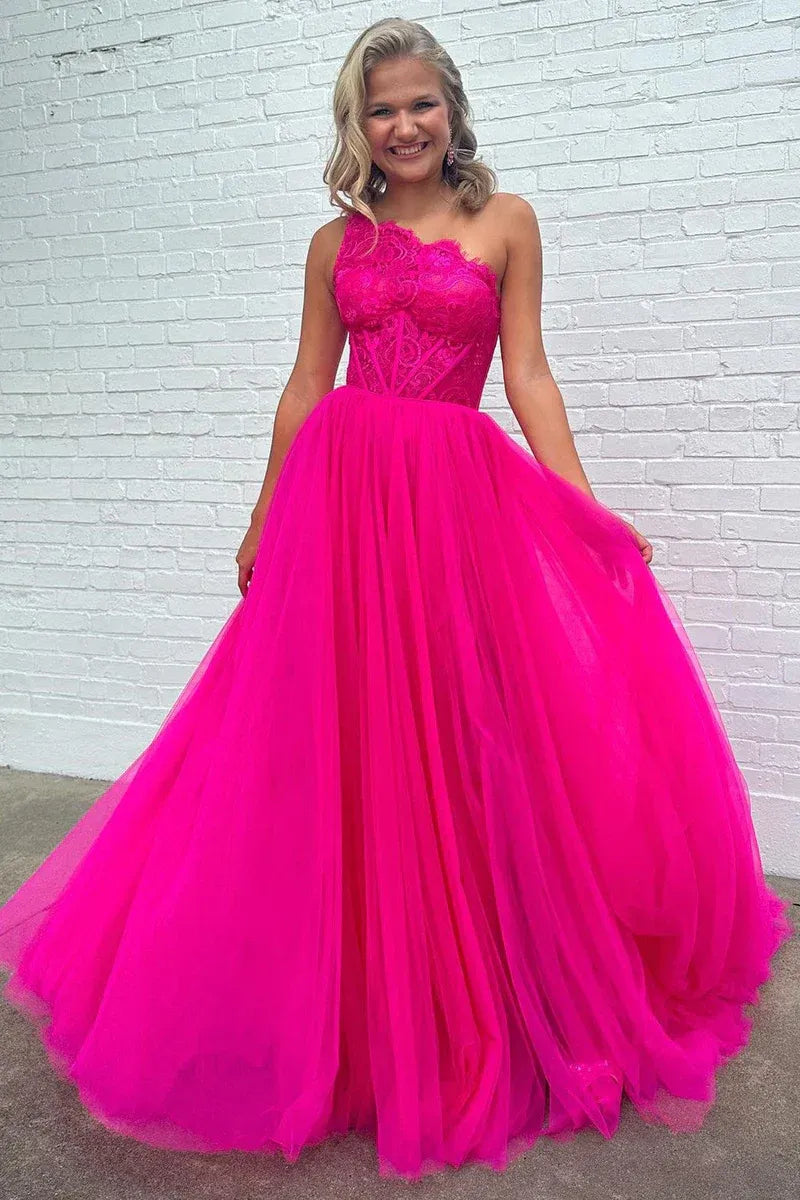 Glamorous A-line One-shoulder Lace Sleeve Fuchsia Maxi Prom Dress For Women Hot Sale