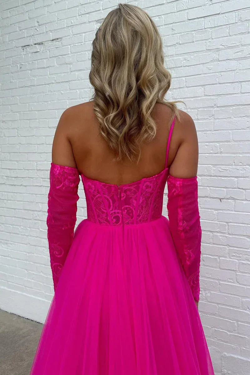 Glamorous A-line One-shoulder Lace Sleeve Fuchsia Maxi Prom Dress For Women Hot Sale