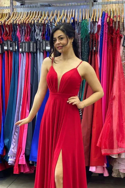 Glamorous A-line Spaghetti Ruched Red Slit Prom Dress Hot Sale