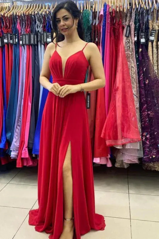 Glamorous A-line Spaghetti Ruched Red Slit Prom Dress Hot Sale