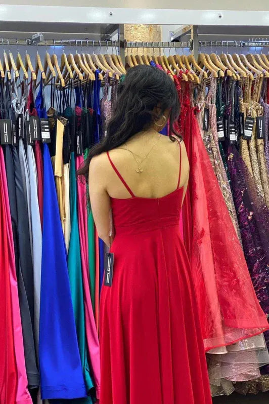 Glamorous A-line Spaghetti Ruched Red Slit Prom Dress Hot Sale