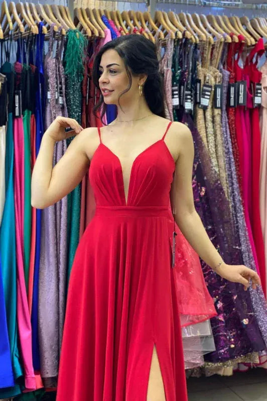 Glamorous A-line Spaghetti Ruched Red Slit Prom Dress Hot Sale