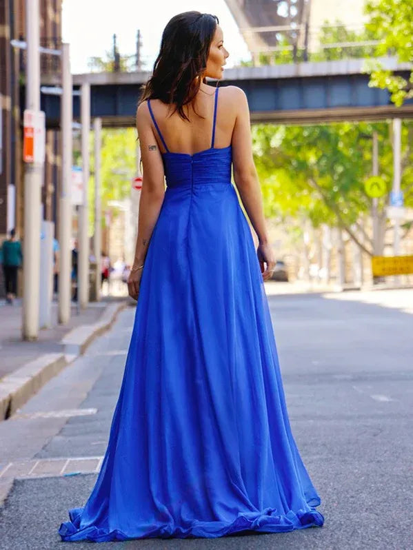 Glamorous A-line Spaghetti Ruched Royal Blue Slit Train Prom Dress For Ladies