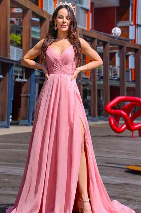 Glamorous A-line Spaghetti Ruched Royal Blue Slit Train Prom Dress For Ladies